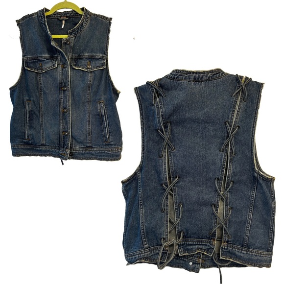 Free People Laceup Button Down Blue Jean Denim Vest, Women’s Large - Picture 2 of 11